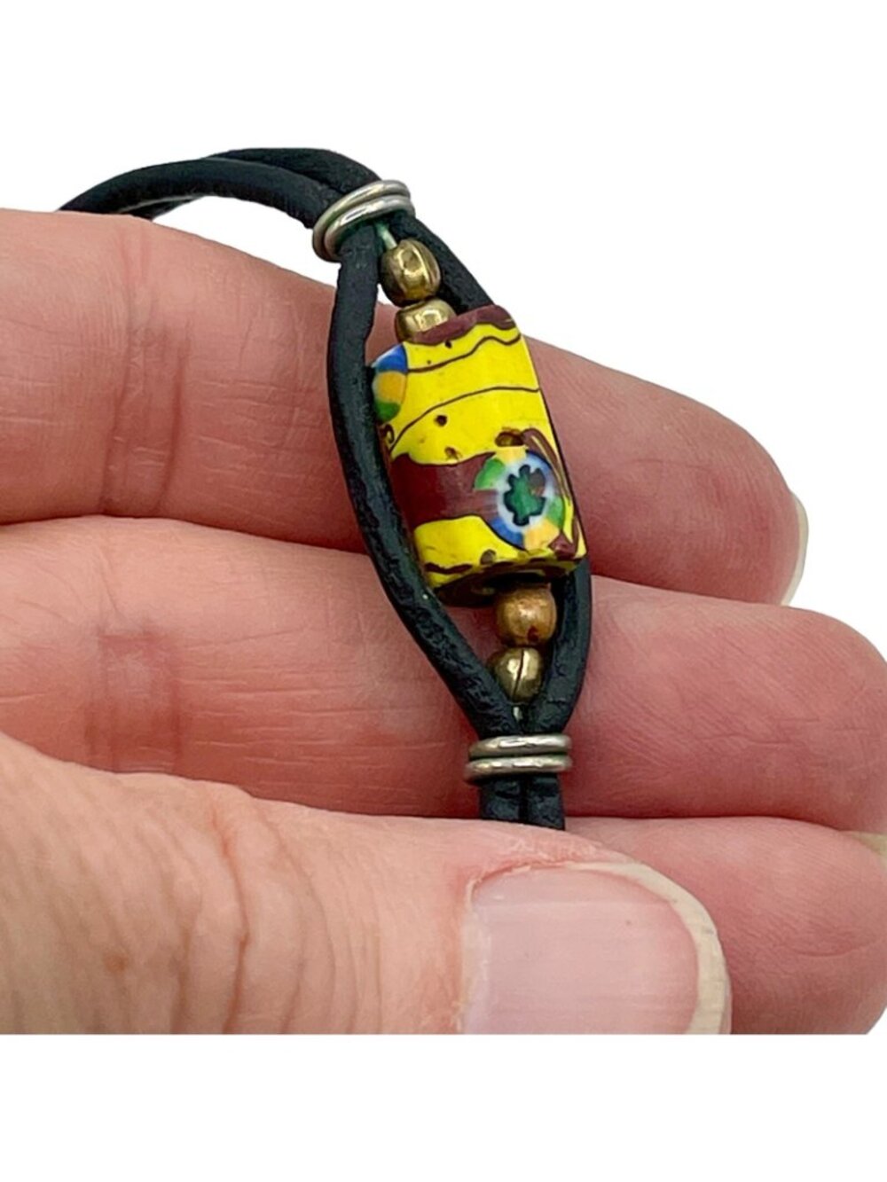 African Trading Bead Bracelet Vintage 1970s Leather Metal Hook Closure Old Bead - Picture 7 of 10